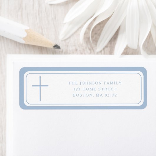 Elegant Baby Blue Cross Boy Baptism Address Etiket (Insitu)