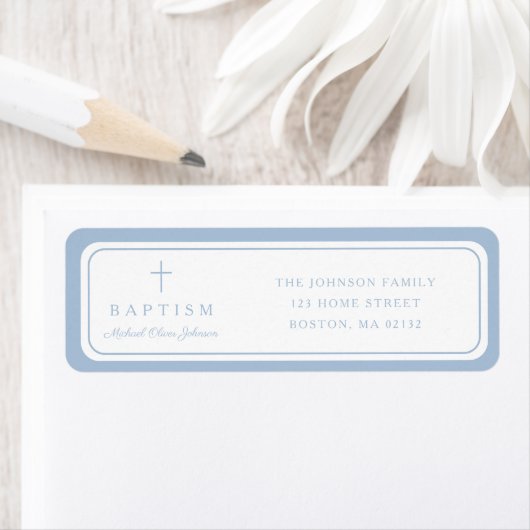 Elegant Baby Blue Cross Boy Baptism Address Etiket (Insitu)