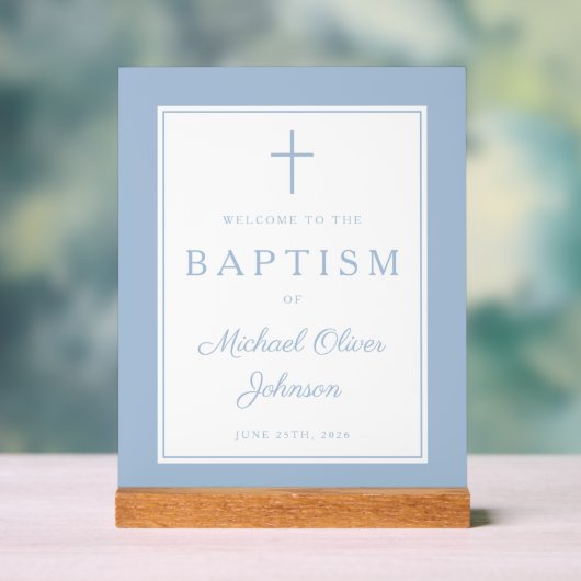 Elegant Baby Blue Cross Boy Baptism Welcome Acryl Bord (Neutraal)