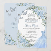Elegant Baby Blue Floral Dress Silver Quinceañera Kaart (Voorkant / Achterkant)