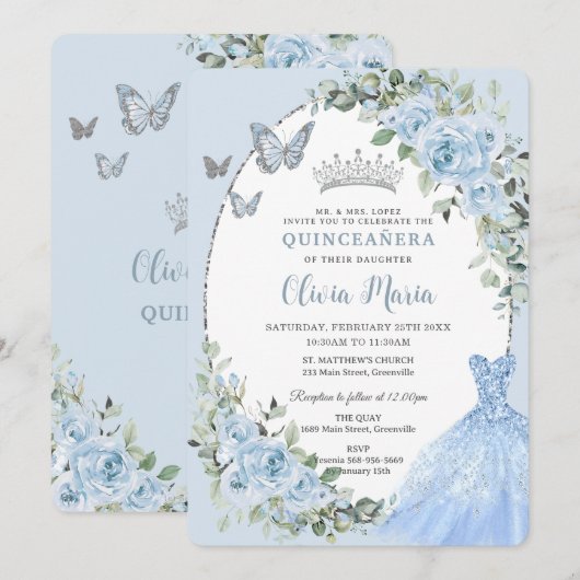 Elegant Baby Blue Floral Dress Silver Quinceañera Kaart (Voorkant / Achterkant)