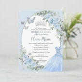 Elegant Baby Blue Floral Dress Silver Quinceañera Kaart (Staand voorkant)