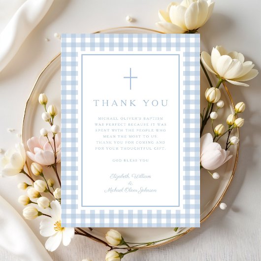 Elegant Baby Blue Gingham Boy Baptism Bedankkaart