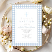 Elegant Baby Blue Gingham Boy Baptism Kaart