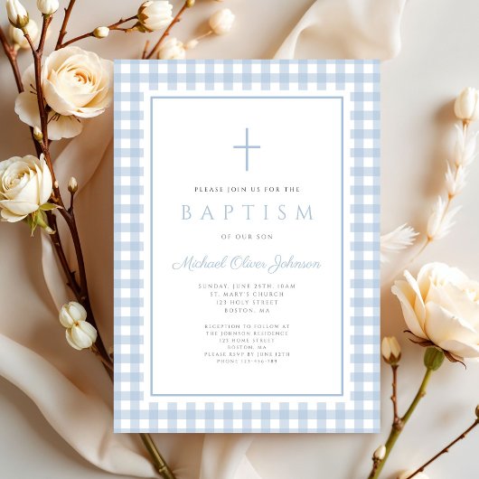 Elegant Baby Blue Gingham Boy Baptism Kaart