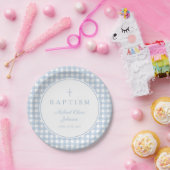 Elegant Baby Blue Gingham Boy Baptism Papieren Bordje (Feest)
