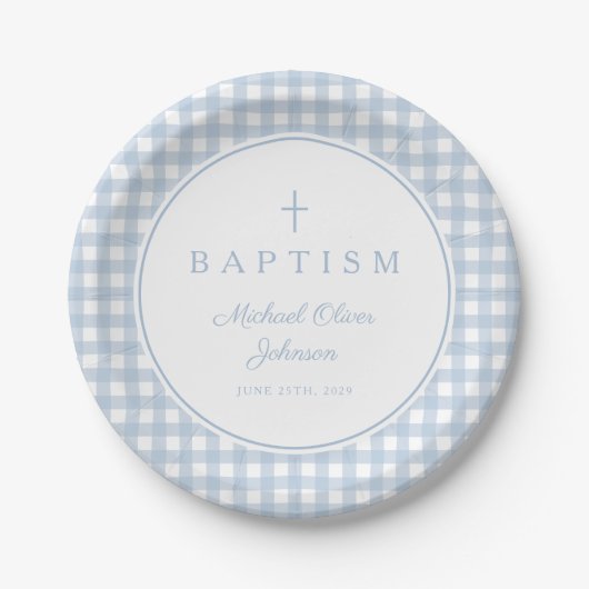 Elegant Baby Blue Gingham Boy Baptism Papieren Bordje (Voorkant)