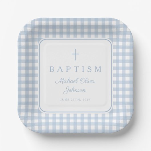 Elegant Baby Blue Gingham Boy Baptism Papieren Bordje (Voorkant)