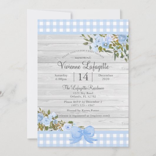 Elegant Baby Blue Gingham Floral Baby shower Kaart (Voorkant)