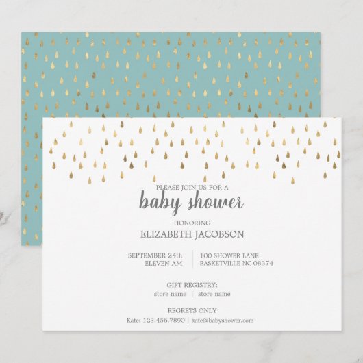 Elegant Baby Blue & Gold Raindrops Baby shower Kaart (Voorkant / Achterkant)