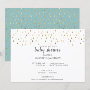 Elegant Baby Blue & Gold Raindrops Baby shower Kaart