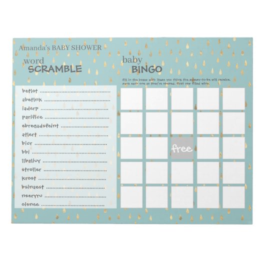 Elegant Baby Blue & Gold Raindrops Showgames Notitieblok (Voorkant)