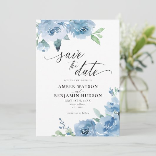 Elegant Baby Blue Light Boho Floral Save the Date Kaart (Staand voorkant)