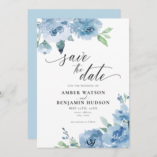 Elegant Baby Blue Light Boho Floral Save the Date Kaart (Voorkant / Achterkant)