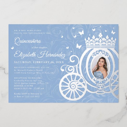 Elegant Baby Blue Quinceanera Princess Foto Folie Folie Uitnodiging (Voorkant)