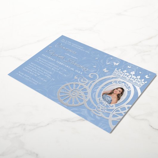 Elegant Baby Blue Quinceanera Princess Foto Folie Folie Uitnodiging (Gedraaid)