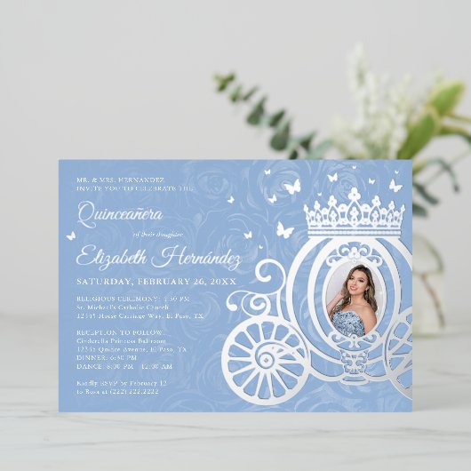Elegant Baby Blue Quinceanera Princess Foto Folie Folie Uitnodiging (Staand Voorkant)