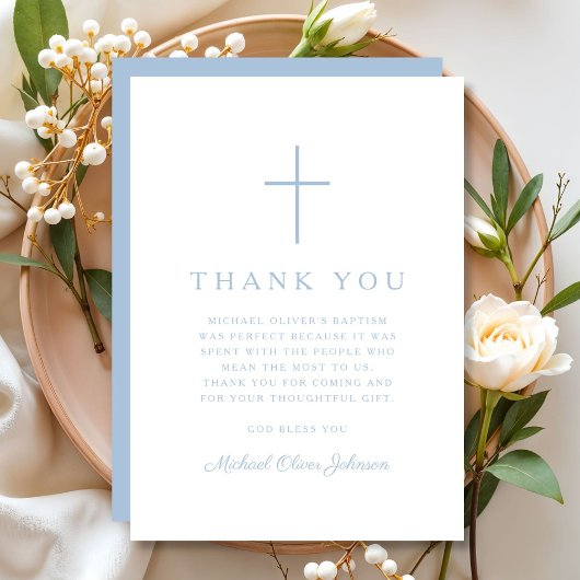 Elegant Baby Blue Religious Cross Baptism Bedankkaart