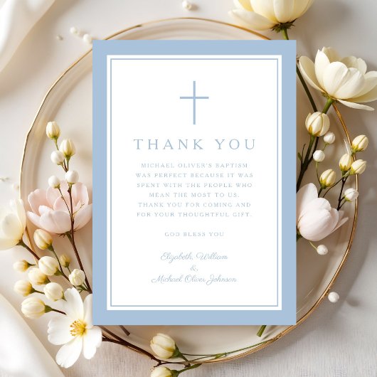 Elegant Baby Blue Religious Cross Baptism Bedankkaart
