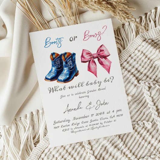 Elegant Baby Boots or Bows Pink Blue Gender Reveal Kaart