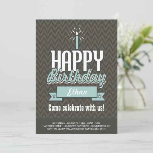 Elegant Baby Boy's First Birthday Photo Invite Kaart (Staand voorkant)