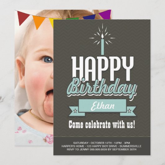 Elegant Baby Boy's First Birthday Photo Invite Kaart (Voorkant / Achterkant)