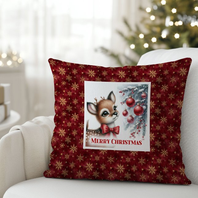 Elegant Baby Deer Snowy Forest Christmas Pillow   Kussen (Enchanting Fawn Christmas Pillow Gift for Kids Room Decor)