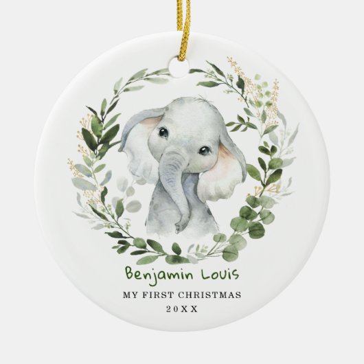 Elegant Baby Eerste Eerste Kerstkerst Grijze Eleph Keramisch Ornament (Voorkant)