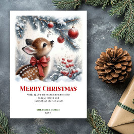 Elegant Baby Fawn Winter Scene Watercolor Xmas Feestdagenkaart