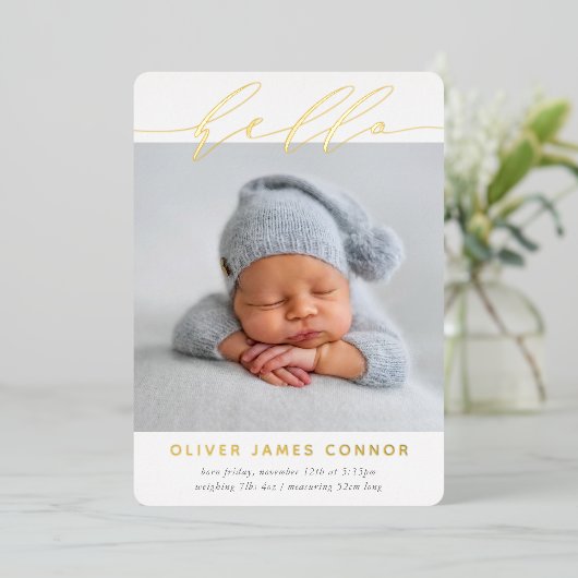 ELEGANT BABY FOTO modern hallo calligrafie groot Folie Uitnodiging (Staand Voorkant)