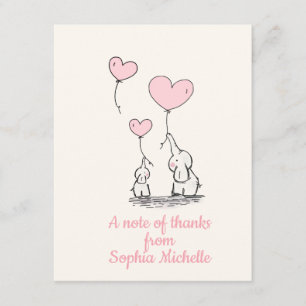 Elegant Baby Girl Pink Heart Balloons & Elephants Bedankkaart