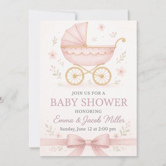 Elegant Baby Meisje Douche uitnodiging-  Roze Kaart (Voorkant)