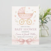 Elegant Baby Meisje Douche uitnodiging-  Roze Kaart (Staand voorkant)