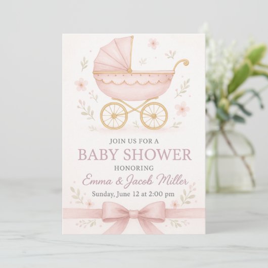 Elegant Baby Meisje Douche uitnodiging-  Roze Kaart (Staand voorkant)
