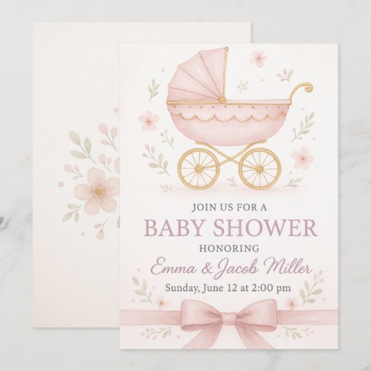 Elegant Baby Meisje Douche uitnodiging-  Roze Kaart (Voorkant / Achterkant)