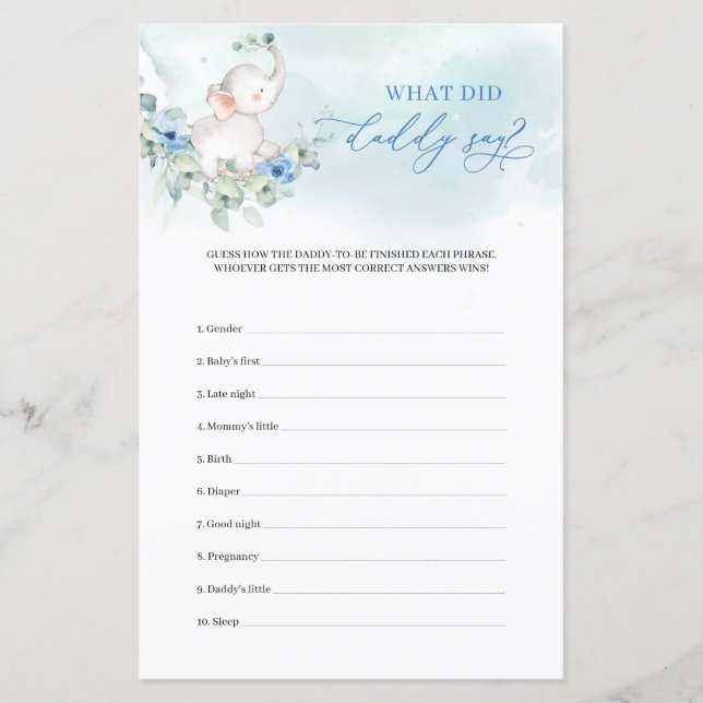 Elegant baby olifant blauw Wat zei papa spel (Voorkant)