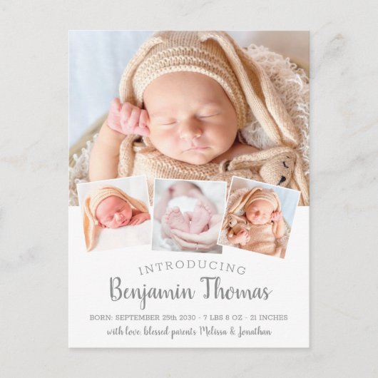 Elegant Baby Persoonlijk 4 Fotocollage geboorte Aankondigingskaart (Voorkant)