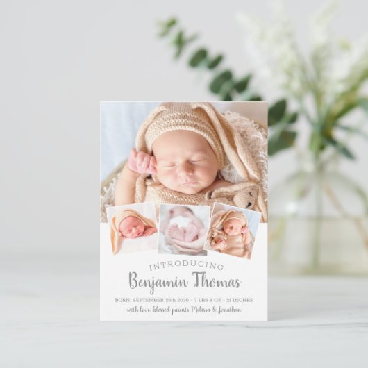 Elegant Baby Persoonlijk 4 Fotocollage geboorte Aankondigingskaart (Staand voorkant)