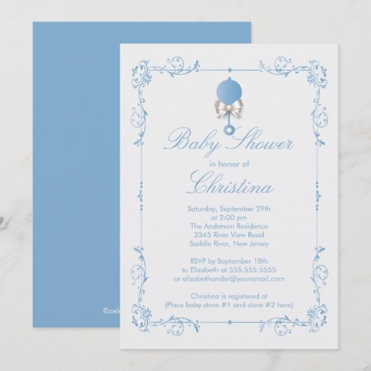 Elegant Baby Rattle Boy Baby shower Kaart (Voorkant / Achterkant)