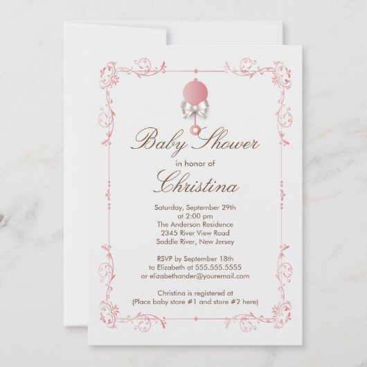 Elegant Baby Rattle Girl Baby shower Kaart (Voorkant)