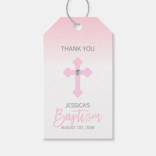 Elegant Baby Roze Kruis DANK U Doop Meisje Cadeaulabel (Voorkant)