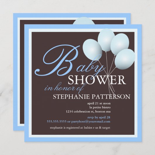 Elegant Baby shower Blue Balloons Uitnodiging (Voorkant / Achterkant)