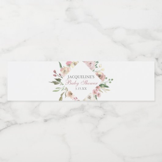 Elegant Baby shower Blush Roze Bloemen Custom Waterfles Etiket (Enkel label)
