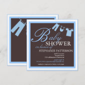 Elegant Baby shower Clothes Line Blue Invitation Kaart (Voorkant / Achterkant)