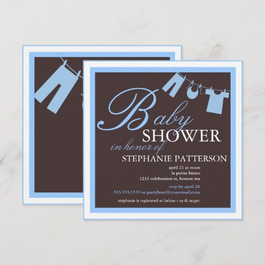 Elegant Baby shower Clothes Line Blue Invitation Kaart (Voorkant / Achterkant)