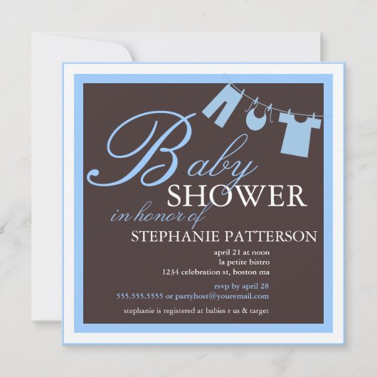 Elegant Baby shower Clothes Line Blue Invitation Kaart (Voorkant)