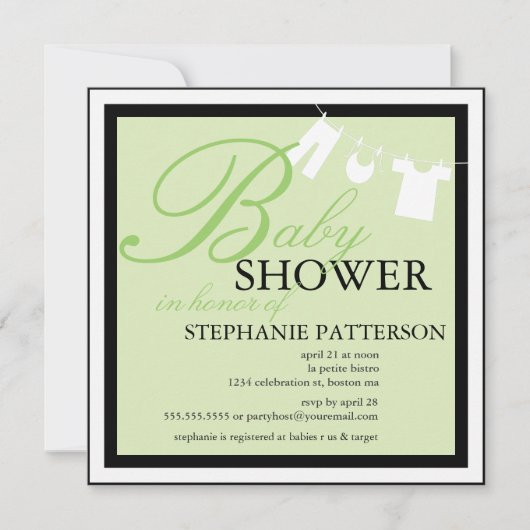 Elegant Baby shower Clothes Line Green Invitation Kaart (Voorkant)