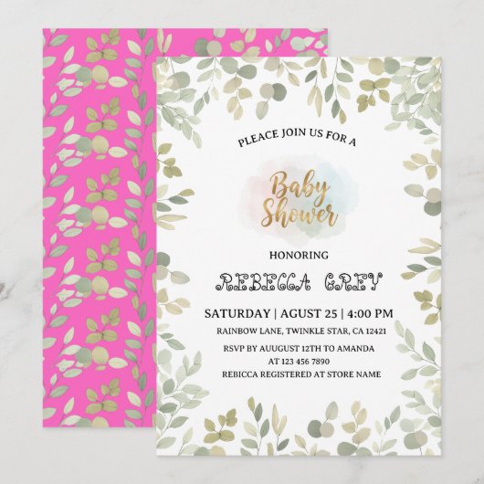 Elegant baby shower invitation Card Girl  Kaart (Voorkant / Achterkant)