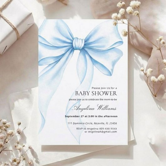 Elegant Baby Shower Invitation with a Blue Bow.  Kaart