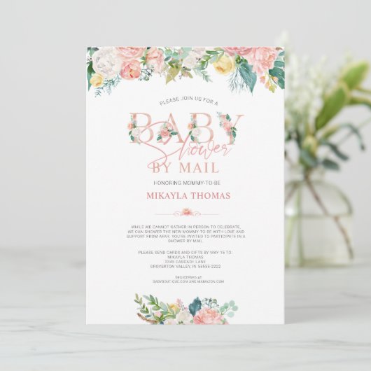 Elegant Baby shower per post Roos Gold Pink Floral Kaart (Staand voorkant)